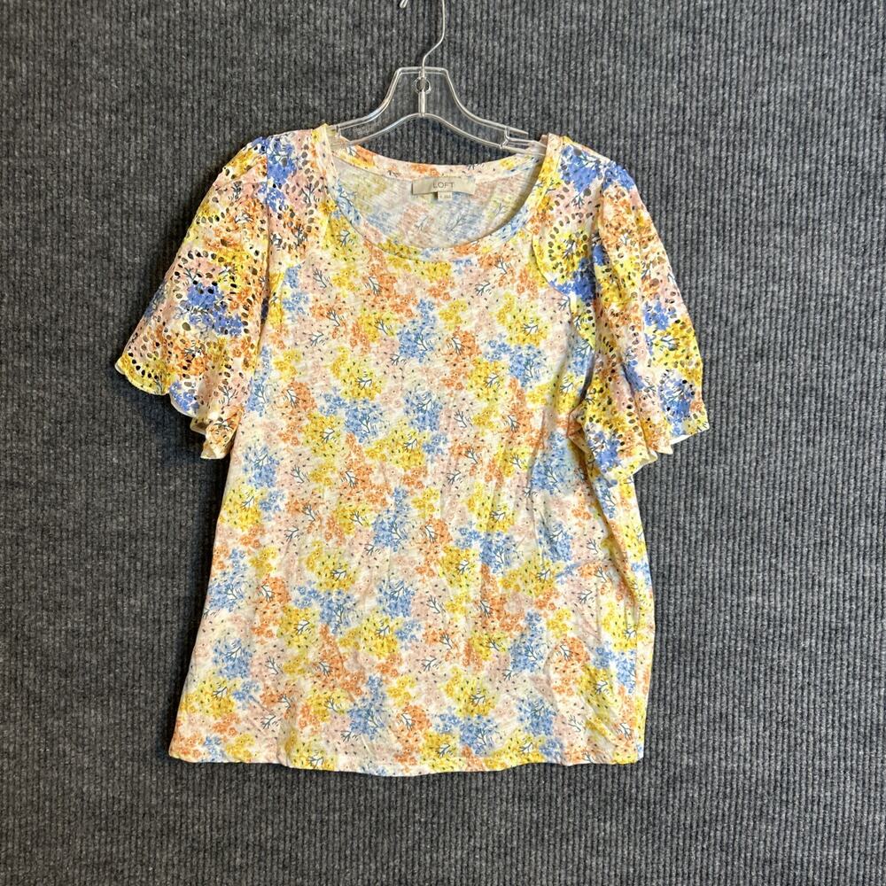Loft Womens Shirt Size XL Floral Multi Color Puff Sleeve Boho Eyelet Cotton